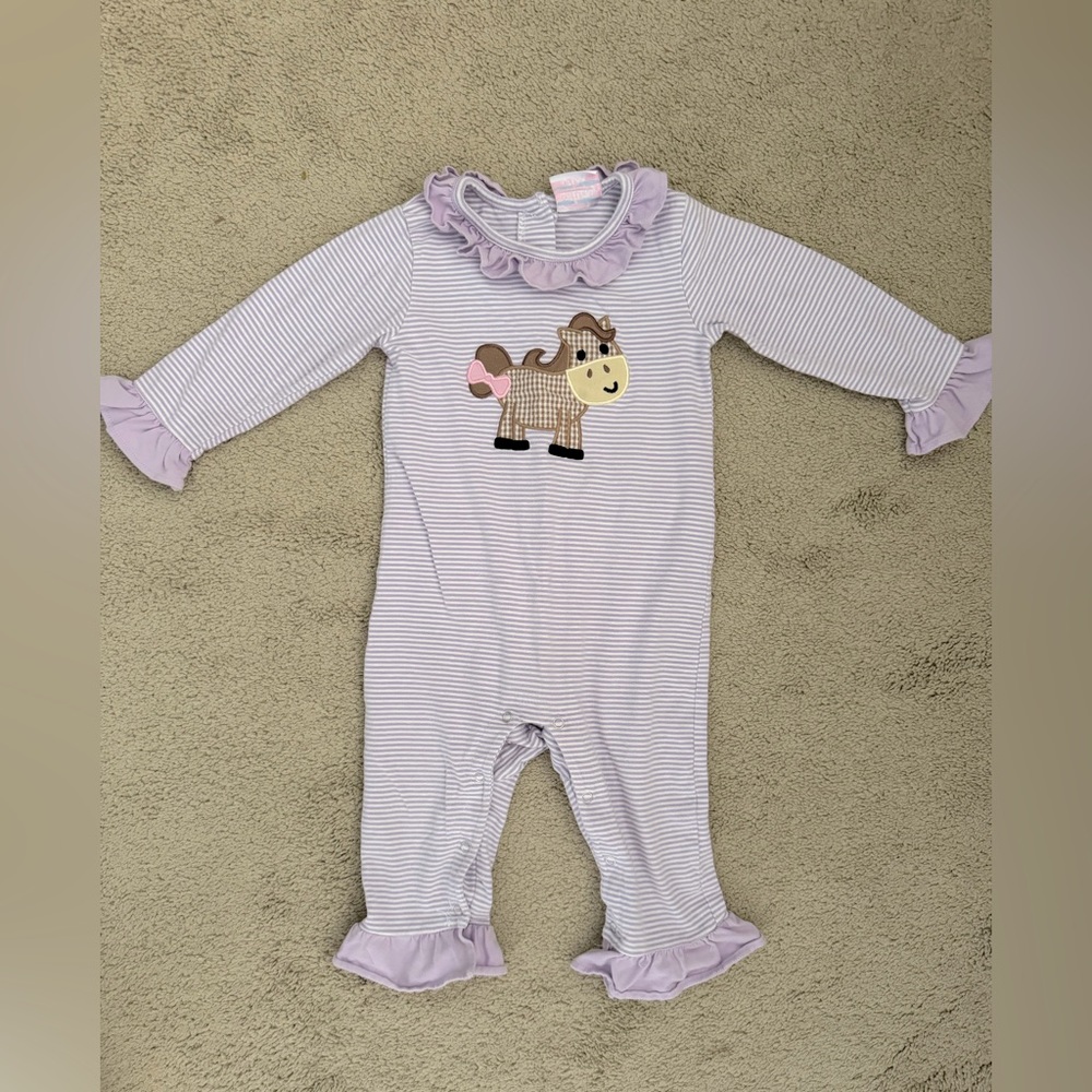 Lilac Striped Horse Applique Baby One-Piece